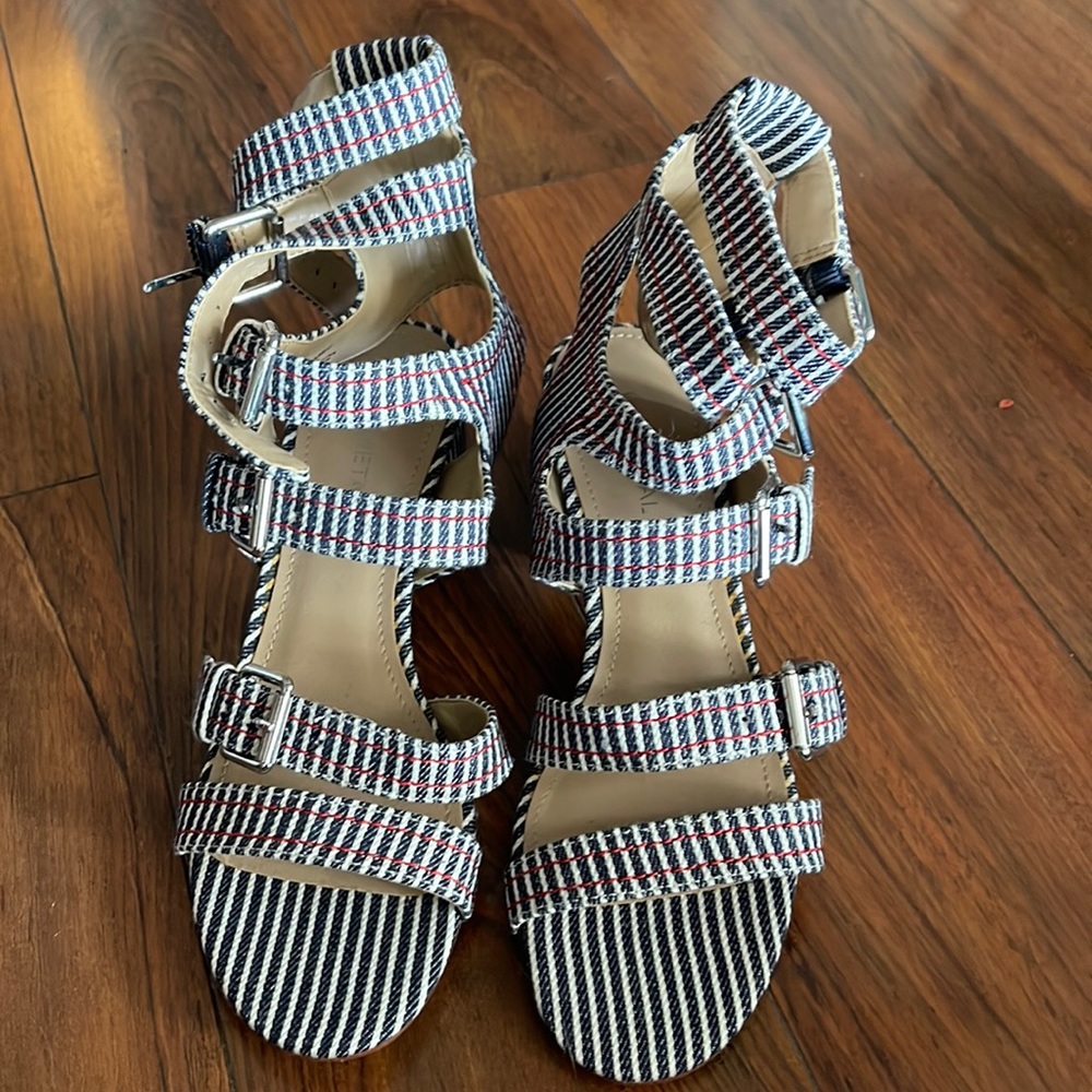 Seersucker black and white with red stitching sandal